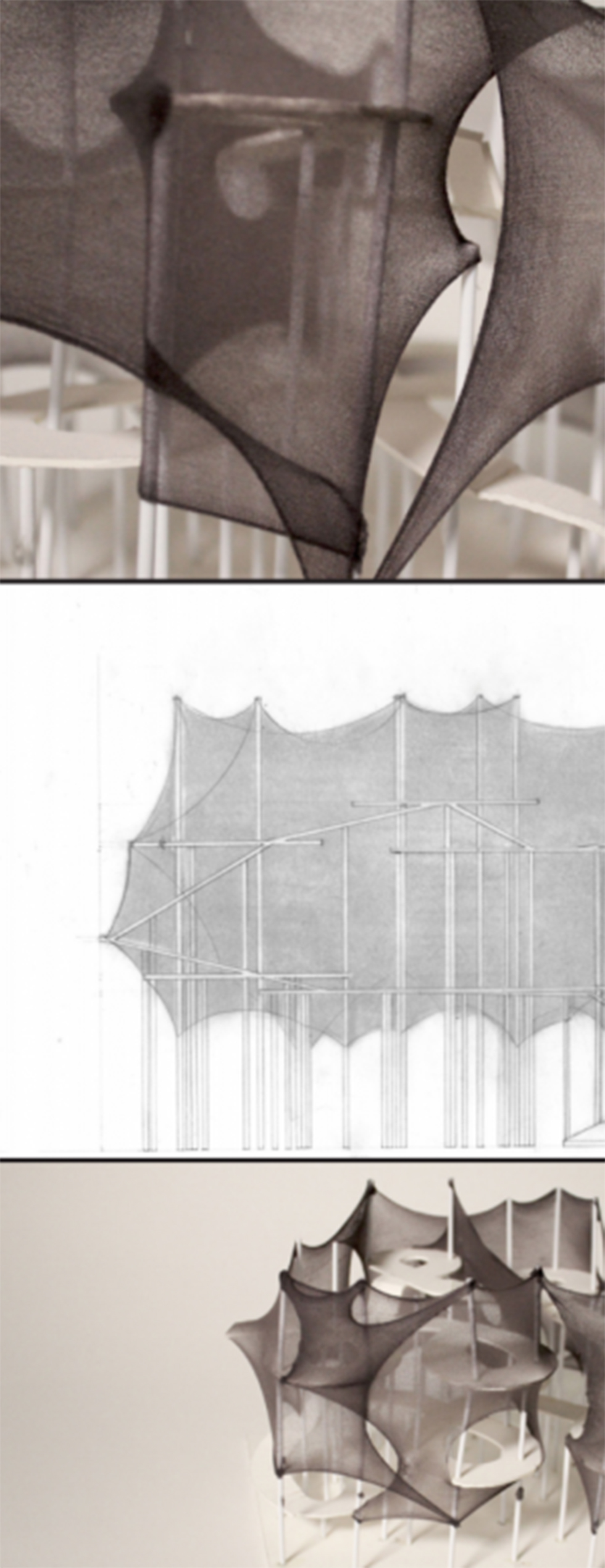 three stacked images depicting close up abstractions of architectural renderings