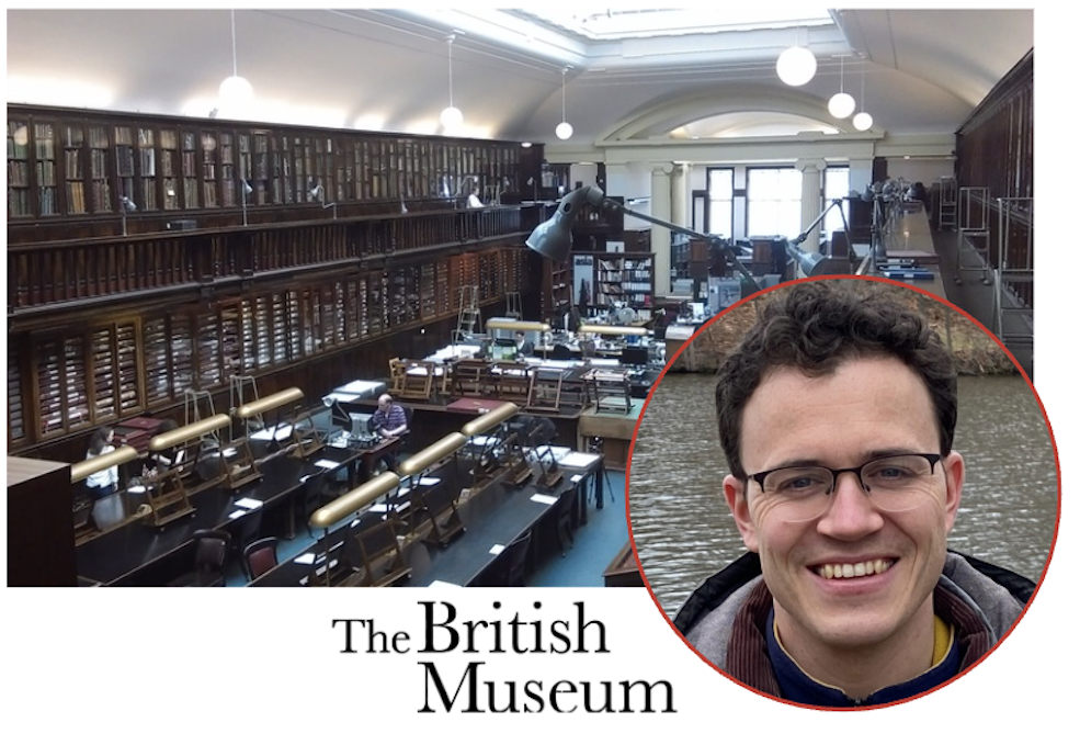 Dominic Bate head shot over photo of library archives