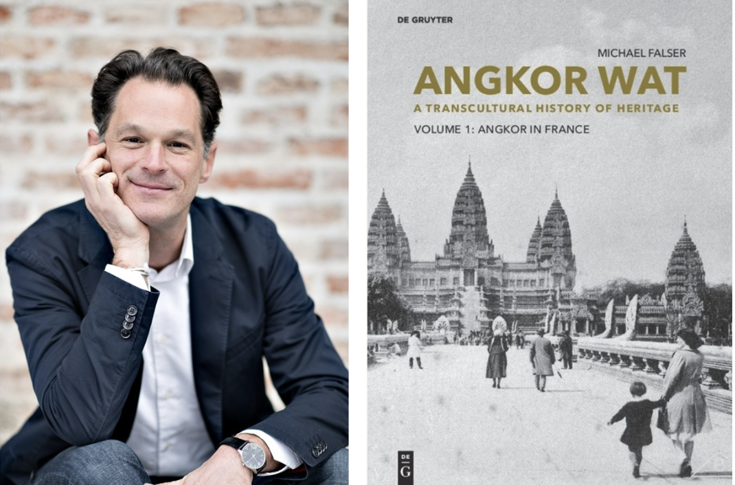 Falser headshot in front of brick wall and cover to his book Angkor Wat