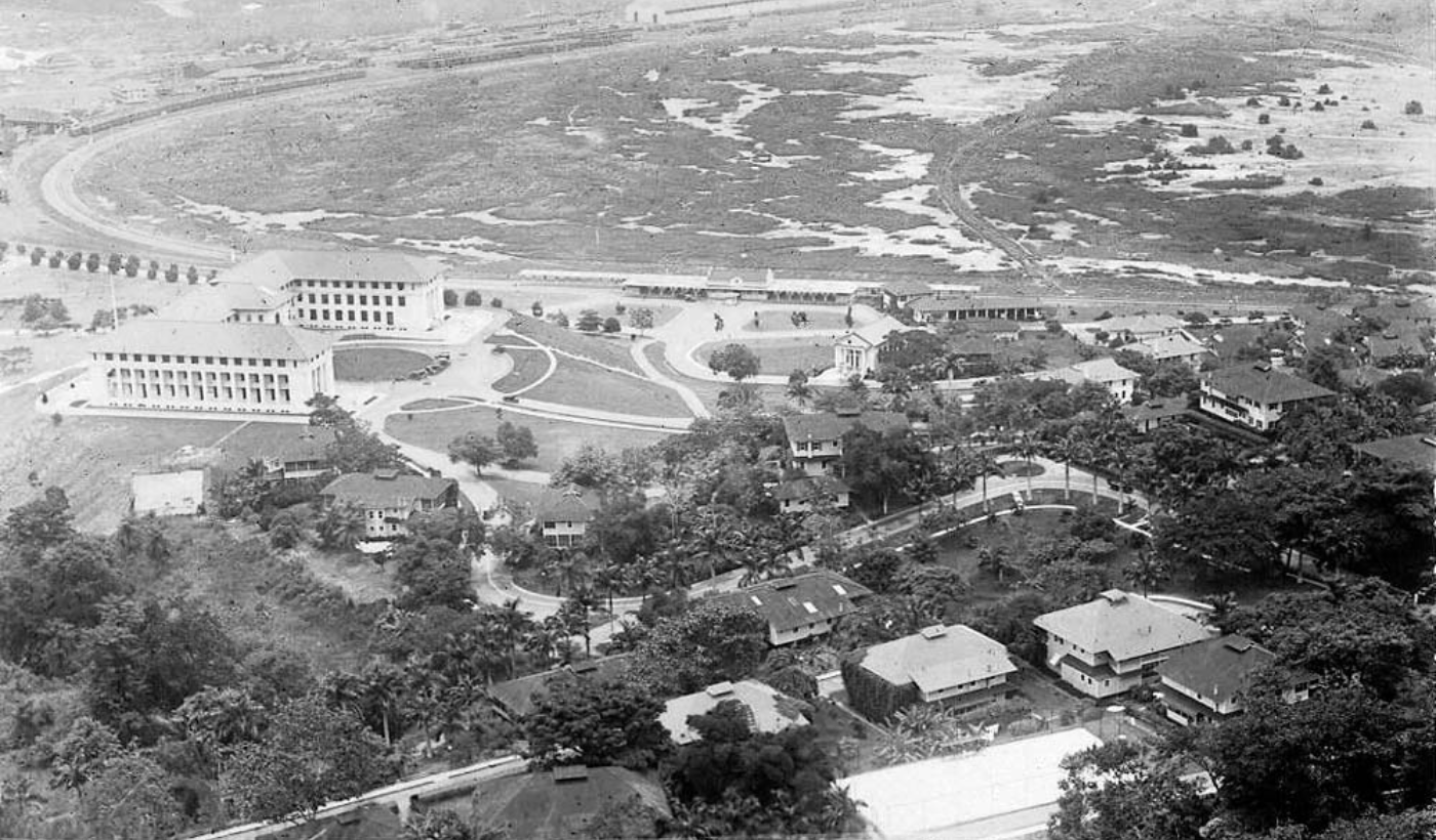 black and white aerial photo of the panama canal