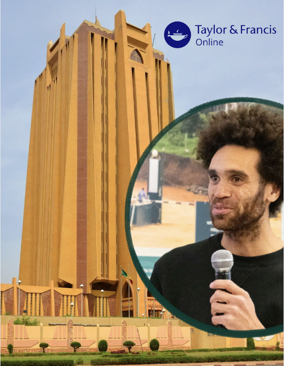 Image of the Central Bank Tower in Mali and Yannick's head shot