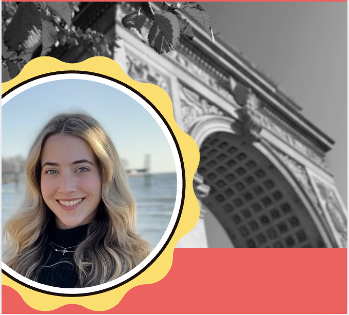 black and white historic archway and Camille head shot