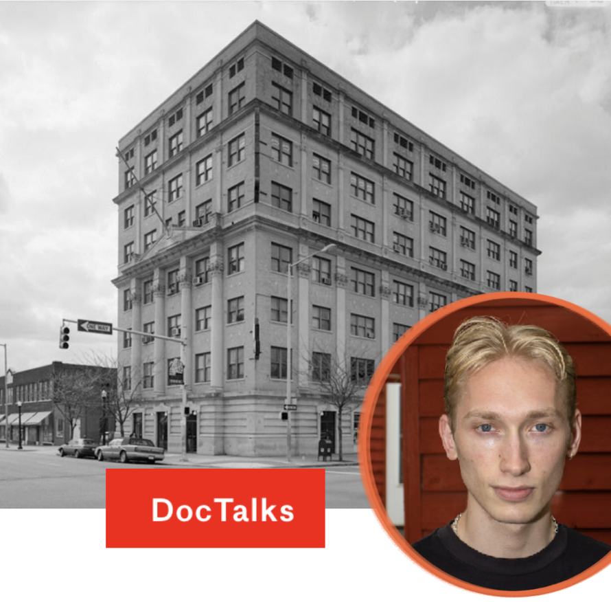 black and white photo of the Prince Hall Freemasonry building, with Tristan Whelan's headshot