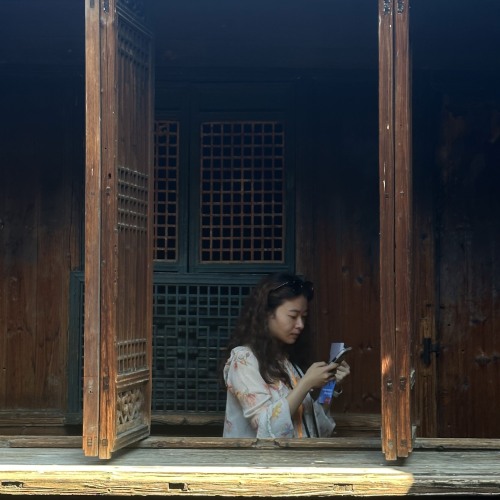 Woman seen through a wooden window, between two ornate shutters, reading a book